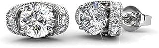 Cate & Chloe Astrid 18k White Gold Earrings with Crystals, Halo Stud Earring Post Set, Round Cut Solitaire Earrings for Women, Ladies