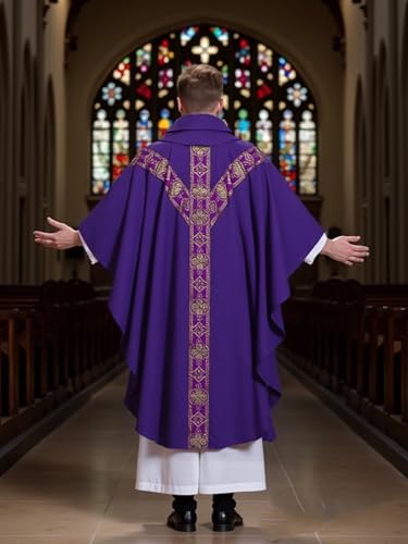 Clergy Elegance Church Vestments for Catholic Priests Chasuble Mass Round Collar Robe with Pastor Stole4