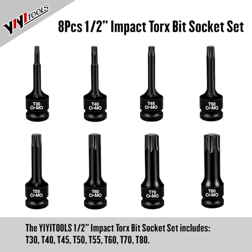 Image of YIYITOOLS 8Pcs 1 /2 inch Drive Impact Torx Bit Socket Set, Cr-Mo Steel, T30 T40 T45 T50 T55 T60 T70 T80, Impact Drive Allen Socket Kit