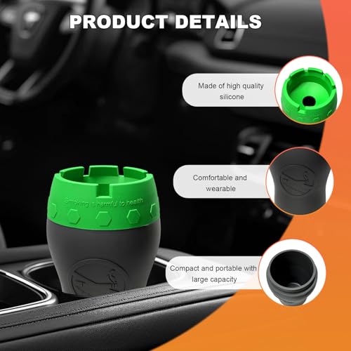 Image of Car Silicone Ashtray, Smokeless Drop-Proof Auto Ash Tray for Cup Holder, Windproof Portable Vehicle Cigarette Ash Tray for Home Outside Office, Interior Car Accessories (Green)
