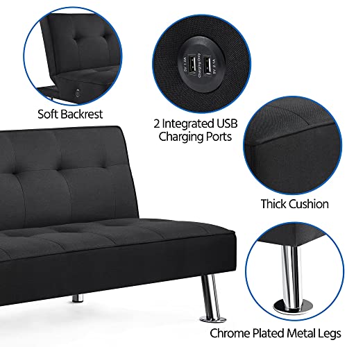 Yaheetech Modern Convertible Futon Sofa Bed W/ 2 Integrated Usb Charging Ports Fabric Loveseat Couch Metal Legs, 3 Angles Adjustable Back For Compact Living Space, Apartment, Dorm, Bonus Room Black #TOP7