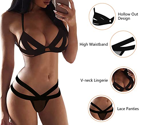 JFAN-Conjunto-de-Lenceria-para-Mujer-Sujetador-con-Tiras-Huecas-Corse-Vendaje-Push-Up-y-Bragas-Ropa-de-Dormir-de-Malla
