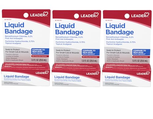 LEADER Liquid Bandage with Benzethonium Chloride 0.2%, First Aid Antiseptic, Seals to Protect, for Small Cuts & Wounds, 1 fl oz (1 Fl Oz (Pack of 3))