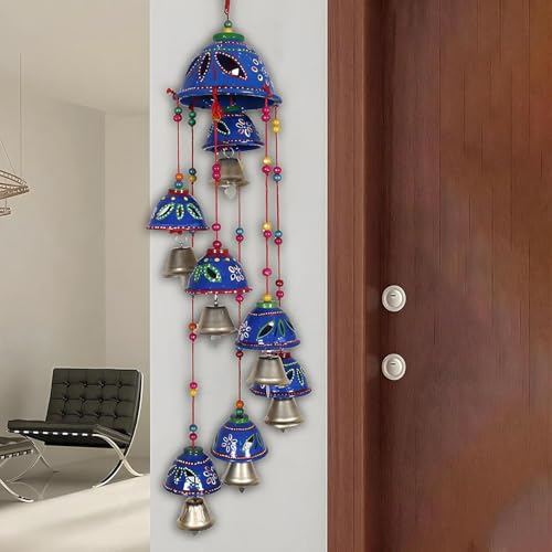 Image of Bindian Rajasthani Handcrafted 8-Bell Hanging Windchimes | Traditional Plastic Latkan for Home Decor, Vastu & Positive Energy | Elegant Wall Hanging for Balcony, Living Room (Blue-2)
