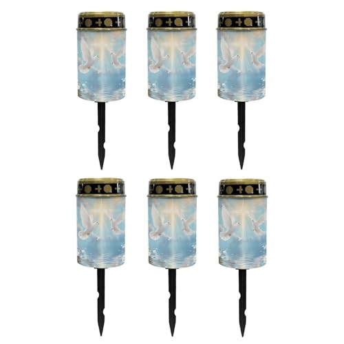 Image of Poceacles Dove of Peace Cross Daisy Print Blue Solar Lights Outdoor Waterproof Cemetery Solar Outdoor Candle Grave Decoration Votive Candles Blessed Lights for Loss of Loves One, 6 Pieces