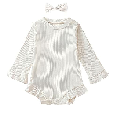 Image of Kuriozud Baby Girls Fall Crew Neck Romper Long Sleeve Solid Color Ruffle Romper with Headband (White, 3-6 Months)