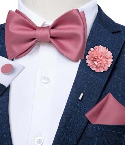 Image of DiBanGu Solid Color Bow Ties for Men Formal Satin Self Tied Bowtie with Lapel Pin Pocket Square Cufflinks for Wedding Party