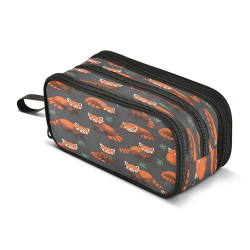 Image of Cute Red Panda Animal Pattern on Black Pencil Case 3 Compartment Pen Bag Pouch Holder Box School Portable Stationery Storage Bag for Girls Boys