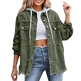 Stile sportivo casual. Générique Giacca con cappuccio in jeans da donna vintage ampia tinta unita con bottoni e maniche lunghe cuciture in denim giacca donna elegante e leggera cardigan per la primavera, Verde militare, 4XL