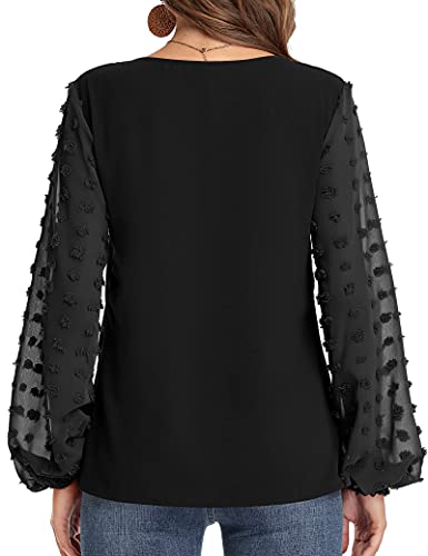 Goory Swiss Dot Tops For Women Lantern Sleeve V Neck Chiffon Blouses Casual Work Shirts, Black L #TOP3