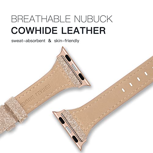 Swees Genuine Leather Band Compatible For Apple Watch 41Mm 38Mm 40Mm, Shiny Glitter Matte Thin Leather Strap Compatible With Iwatch Series 7 6 5 4 3 2 1 Se Sport Edition Women, Glistening Champagne #TOP2