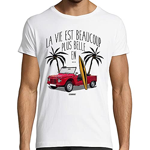 CARSPIRIT T-Shirt Humour Homme Voiture, La Vie est Beaucoup Plus Belle en Mehari, Blanc ou Gris chiné, 100% Coton, Coupe ajustée (Blanc, S)