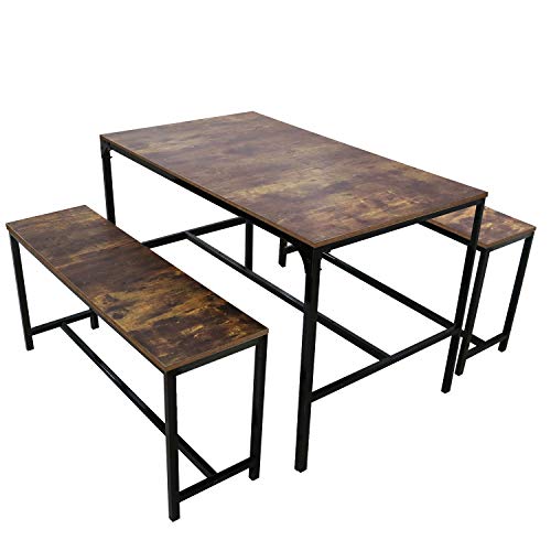 Lzayin Dining Table with Two Benches 3-Piece Dining Set, Industrial Style Wooden Kitchen