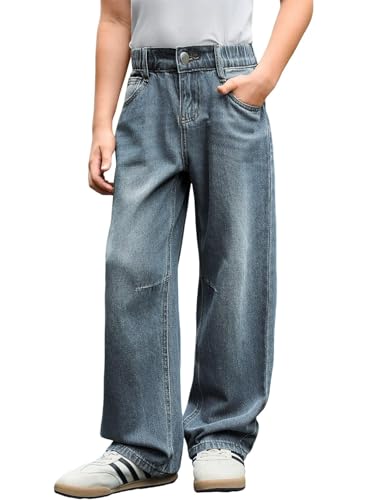 Boys Baggy Jeans Casual Straight Leg Denim Pants with Elastic Waist Pockets Kids Loose Fit Trousers Ages 5-14