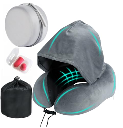 Image of Travel Neck Pillow with Extra Large Hood Rollable Airplane Hooded Neck Pillow with Memory Foam Filling and Removable, Skin-Friendly Cover with Carrying Case & Pouch (Velvet)