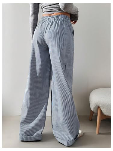 MakeMeChic Women's Elastic Waist Striped Pants Wide Leg Baggy Trousers with Pocket2