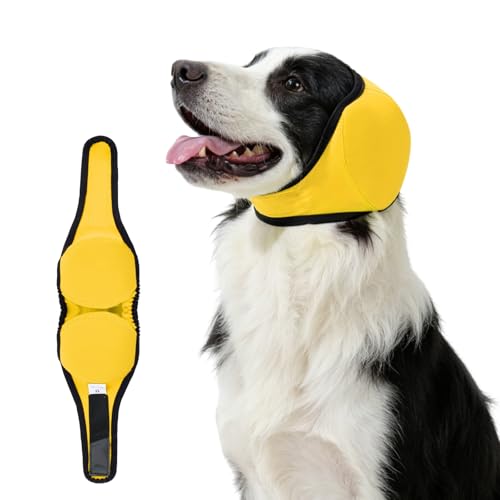 TAGOON Dog Ear Covers for Bath Shower Elastic Dog Ear Muffs Noise Reduction Anxiety Relief No Flap Ear Wrap Calming Hood for Grooming Blow Dry Thunder Waterproof Ear Protection for Dogs(Yellow L)