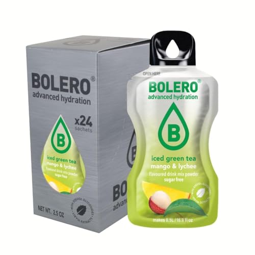 Bolero ICED GREEN TEA MANGO & LYCHEE 24x3g | Saftpulver ohne Zucker, gesüßt mit Stevia + Vitamin C | geeignet für Kinder, Sportler und Diabetiker | glutenfrei und veganfreundlich