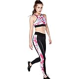  BURGUNDY STYLE PARIS Ensemble DE Sport Noir & Fleurs Rose, Fitness, Yoga Femme (Legging + Brassiere A Zip (L)