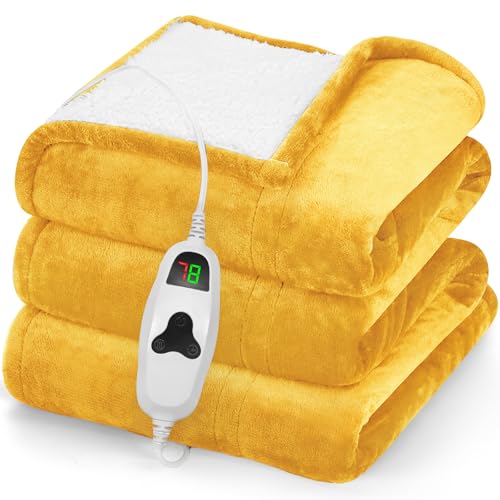 greenoak Heated Blanket Electric Throw 50"X60", Heating Blankets with 10 Heat Levels 8 Hours Auto-Off, Soft Flannel Sherpa Fluffy House Warming Gifts for Grandma Seniors Mom,Ginger Yellow