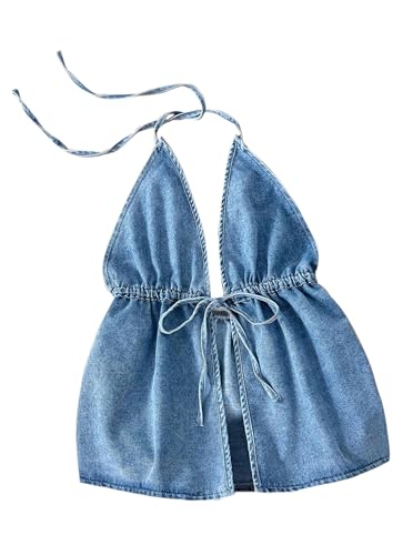 Remidoo Womens Denim Halter Top Self Tie Peplum Jean Sleeveless Crop Tank Tops Blue Small