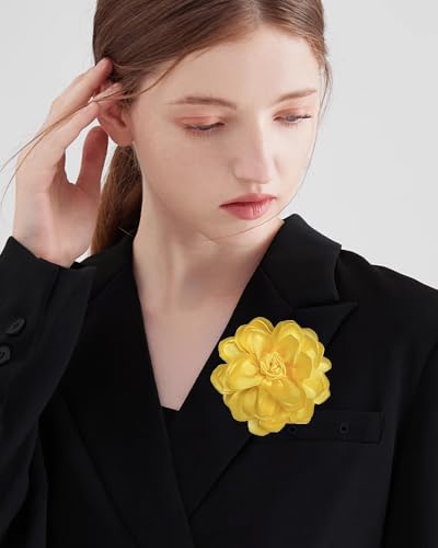 Dainty Fabric Rose Flower Large Brooch Lapel Pins Flower Brooches Pin Classic for Wedding Party Dance Banquet for Women Dress Suit Clothes Accessories Jewelry 100mm (Yellow) - Thumbnail 5