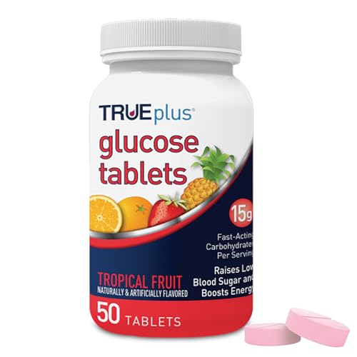 TRUEplus Glucose Tablets Chewable Tropical Fruit Flavor 15g Fast-Acting Carbohydrates Fat Free Gluten Free Boost Energy 50 Count