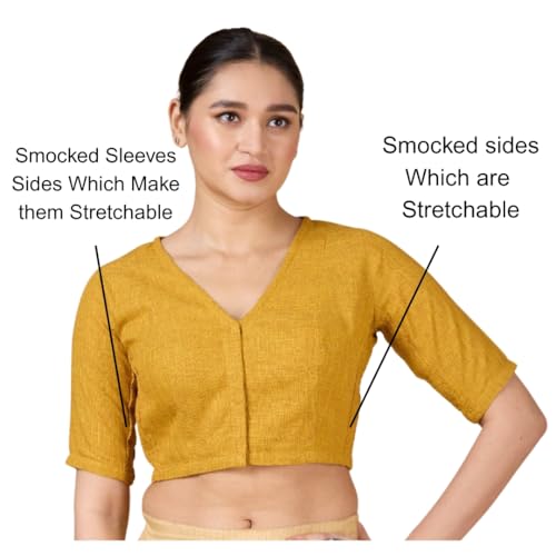 Image of Studio Shringaar Women's Thick Handloom Cotton Plain Side Stretch (Smocked) Readymade Saree Blouse