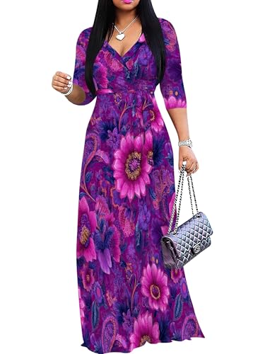 Image of SUZONANA Plus Size Dresses for Women Floral Print Maxi Dress Flowy 3 /4 Sleeve with Belt