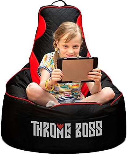 Throne Boss Gaming Bean Bag Chair Kids [Cover ONLY No Filling] with High Back - Fun Gaming Sofa or Low Gaming Chair on The Floor - Teens and Kids Bean Bag Chairs - Gamer Beanbag Chair (Black/Red)