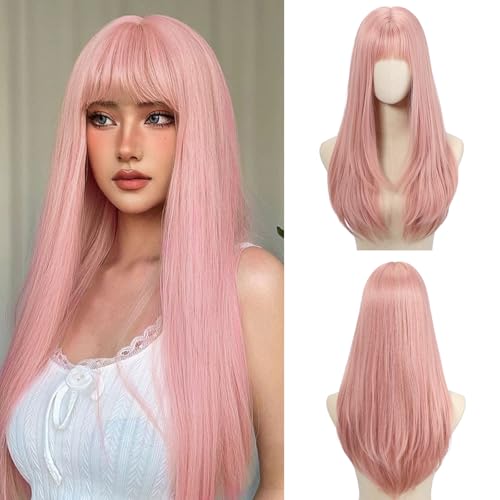 EMMOR Parrucca lunga e liscia per donna, parrucca sintetica scalata con frangia, resistente al calore, adatta per l'uso quotidiano, feste e cosplay(Rosa chiaro)