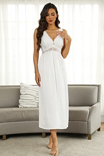 Mist Azur Nightgown Women Sleepwear Long V Neck Chemise Lace Sleeveless Sleep Dress For Women Elegant(White L) #TOP5