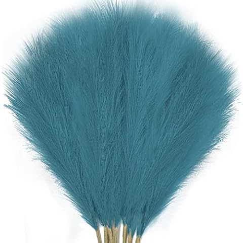 JOENCOST 8Pcs 3FT Faux Pampas Grass Large Branches for Boho Decor, Non-Shedding Fluffy Artificial Bulrush floral feathers, Tall Reed Fluffy Stems Vase Filler Living Room Wedding Decoration (Blue) Cover