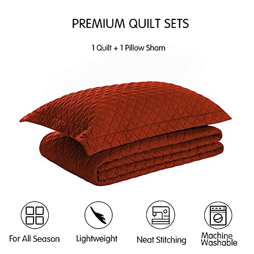 Sunstyle Home Quilt Set Twin Rust Lightweight Bedspread Soft Reversible Coverlet For All Season 2Pcs Burnt Orange Diamond Quilted Bedding Sets (1 Quilt 1 Pillow Sham)(68"X86") #TOP5