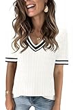 Kistore Womens Summer Short Sleeve Knit Sweaters V Neck Cable Knit Color Block Tops Tshirts Blouses White Black Large