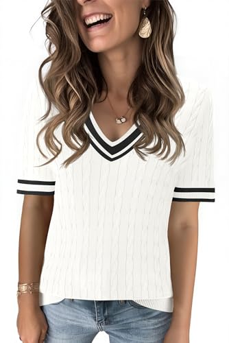 Kistore Womens Summer Short Sleeve Knit Sweaters V Neck Cable Knit Color Block Tops Tshirts Blouses White Black Large