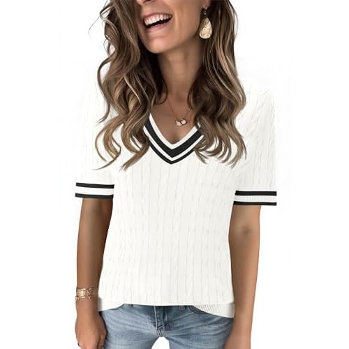 Kistore Womens Short Sleeve Sweaters V Neck Cable Knit Pullover Tops Summer Lightweight Sweater Shirts Blouses 2026 B-white Black XX-Large