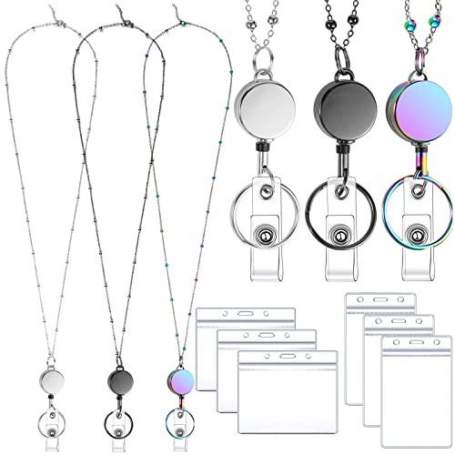Lanyards for Id Badges 3 Pack Badge Lanyard with 6 Pcs Id Badge Holder Retractable Stainless Steel Teacher Lanyard Cruise Ship Lanyards for Girl Women (Black, Silver, Bright Blue)