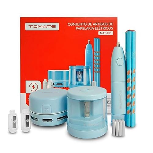 Conjunto Kit Papelaria para Desenhos Apontador Eletrico de Lapis MAT-K01 - TOMATE (Azul Bebe)