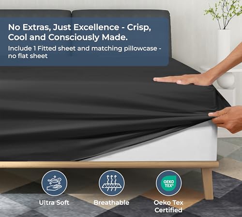 Image of ROYALE LINENS Fitted Sheet with Pillowcases - Queen Fitted Sheets with 2 Pillowcases - 300 Thread Count 100% Organic Cotton - Fits Mattress Up to 18 inch Deep - Soft & Breathable - Black (No Flat Sheet)