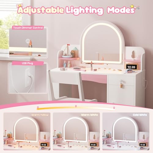 Image of Teckid Kids Vanity Set with Chair and Lights, 2 in 1 Princess Makeup Desk, Toddler Vanity Table with Lighted Mirror, Open Bookshelf, Shelves, Drawers and Storage Cabinet for Little Girls (White)