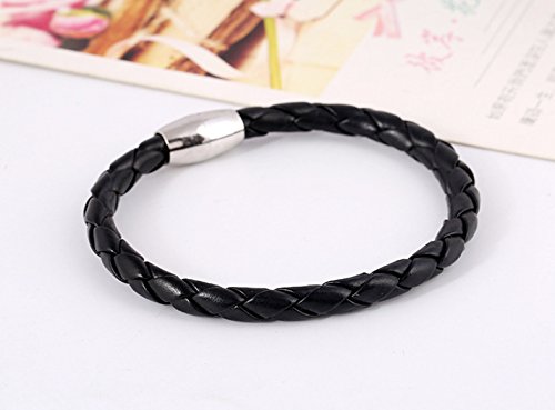 More Fun Charm Stainless Steel Magnetic Lock Clasp Black Woven Braided Leather Wristband Bracelet #TOP3