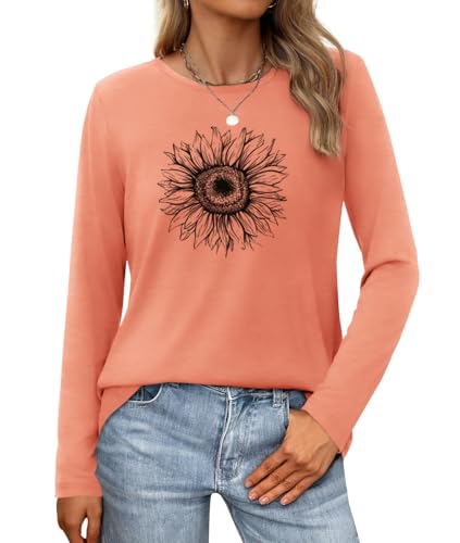 Lista de Camisas de Moda para Dama , tabla con los diez mejores. 44 VIOPY Blusas Manga Larga Mujer Plus Size con Estampado de Girasol Casual Playera Mujeres Camiseta de Moda Elegantes Dama Tops Cuello Redondo (Naranja, 2X-G)