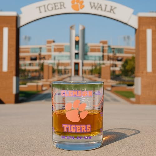 Image of Greenline Goods - University of Clemson Tigers College Whiskey Glasses (Set of 2), 10 oz - Full-Color Logo + Campus Map