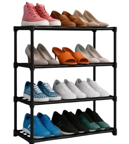 Image of Shoe Rack for Home Multi Tier Plastic Shelf Organizer with Metal Frame - Space Saving Footwear Stand with Open Slat Design for Entryway Bedroom Closet Storage (4 Tier Shoe Rack)