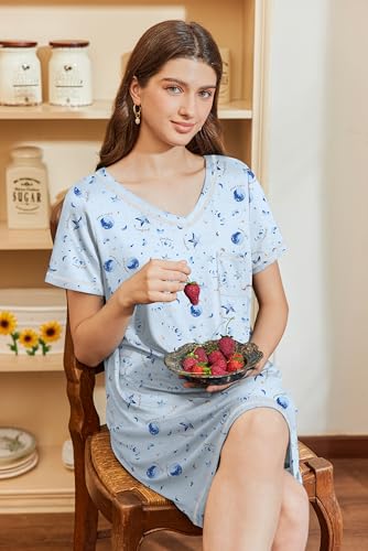 Image of Ekouaer Nightgowns for Women Short Sleeve Sleep Shirts V Neck Nightshirts Soft Sleepshirt Caual T Shirt Sleepdress