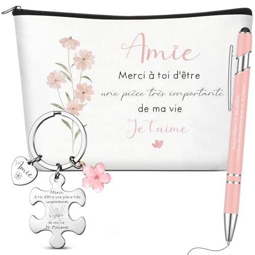 Hestya Cadeau de Meilleure Amie Femme Sœur Trousse de Maquillage Amie Porte-Clés Puzzle avec Texte Stylo à Bille Rose Cadeau Meilleure Copine Original pour Anniversaire Noël Anniversaire