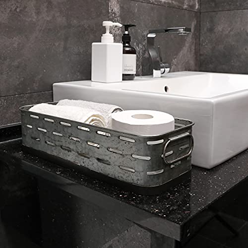 Mygift Rustic Galvanized Metal Bathroom Accessories Storage Basket With Handles And Cut Out Perforated Design, Countertop Toiletries Holder Tray, Vanity Dresser Organizer Bin Caddy #TOP2
