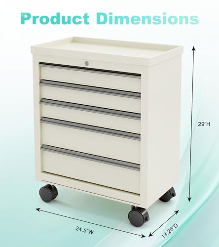 Medical Cart with 5 Drawers and Lock, Rolling Medical Bedside Cabinet on Wheels, Steel Medication Cart 13\" D x 24.5\" W x 29\" H for Hospital Clinic Office School Infirmary, Beige - Thumbnail 2