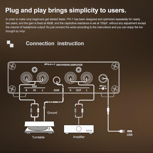 S.M.S.L PH-1 High Fidelity MM Phono Amplifier Gold gain 46dB SNR 84dB THD+N 0.008% 6.35mm Headphone Jack Hi-res Amplifier RCA Input/Output Palm-Sized Volume Single MM AMP - Thumbnail 6